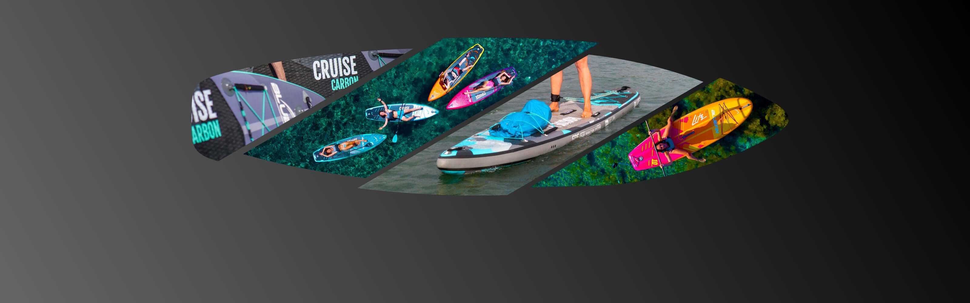 Colorful paddleboards displayed on a dark background, showcasing various models and outdoor scenes.