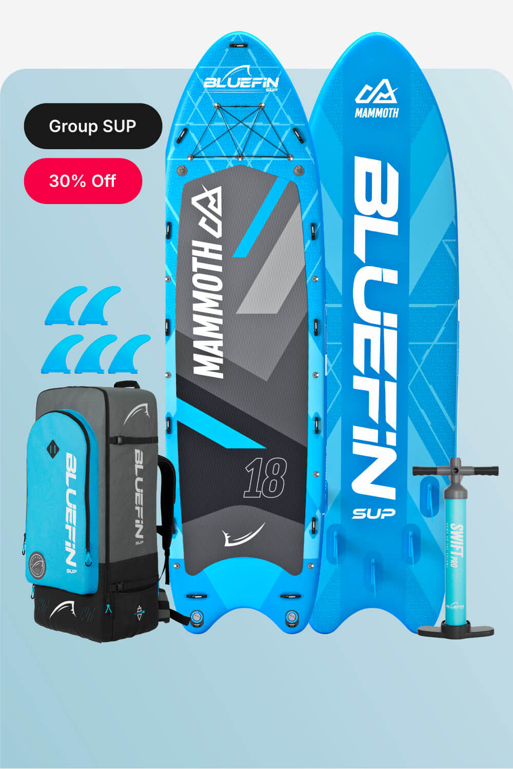 Bluefin SUP Mammoth model with backpack and pump, featuring a blue design and 30% off promotion.