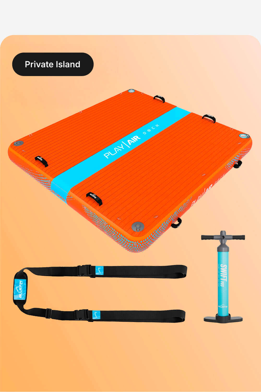 Bright orange inflatable platform with blue accents, straps, and a pump against a gradient background.