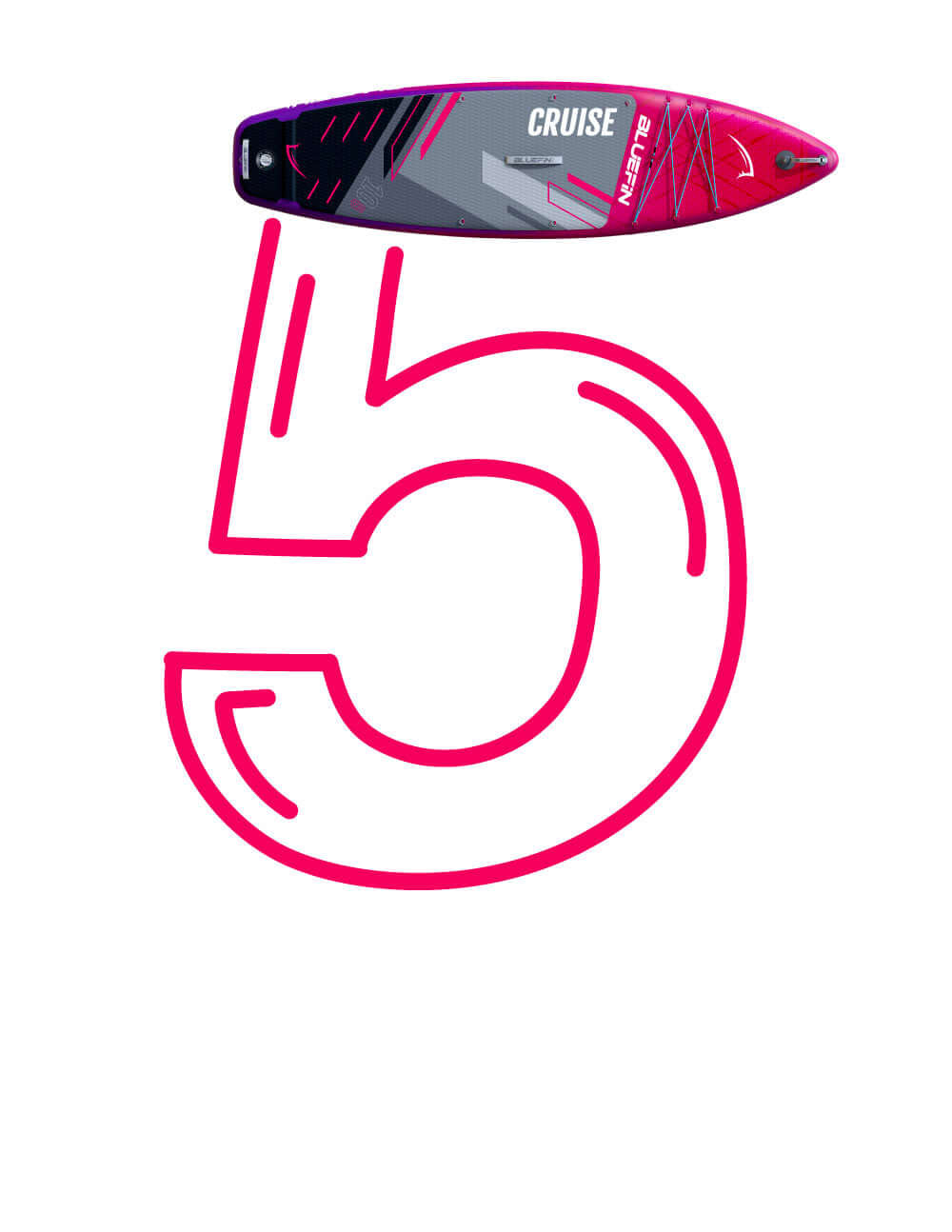Pink stylized number "5" alongside a Bluefin Cruise paddleboard graphic. Perfect for outdoor adventures.