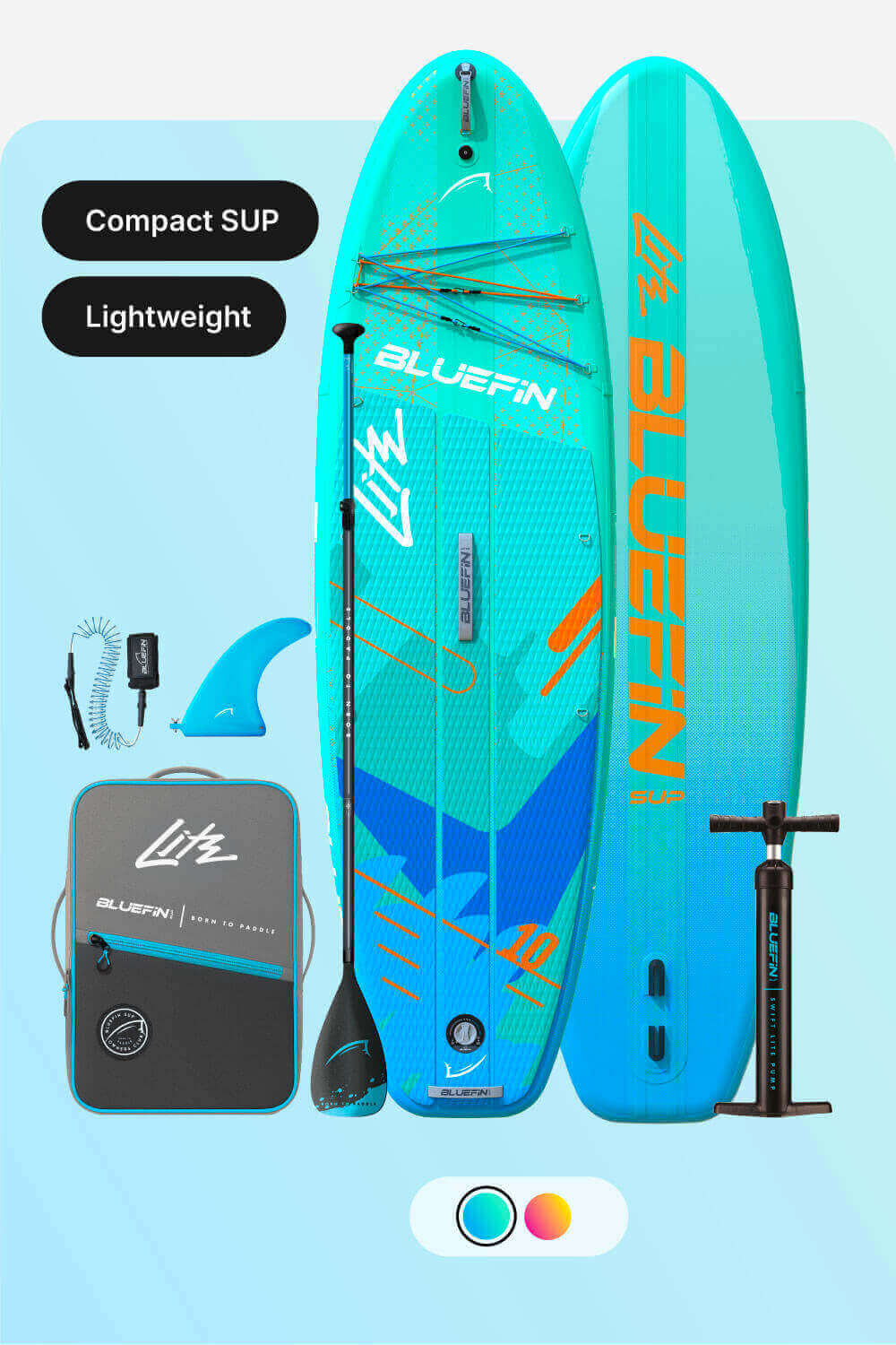 Bluefin compact and lightweight SUP with paddle, backpack, fin, and pump in a vibrant design.