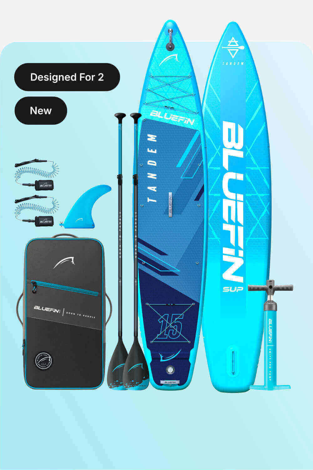 Bluefin SUP tandem paddleboard set, including paddles, pump, fin, and carry bag, designed for two users.