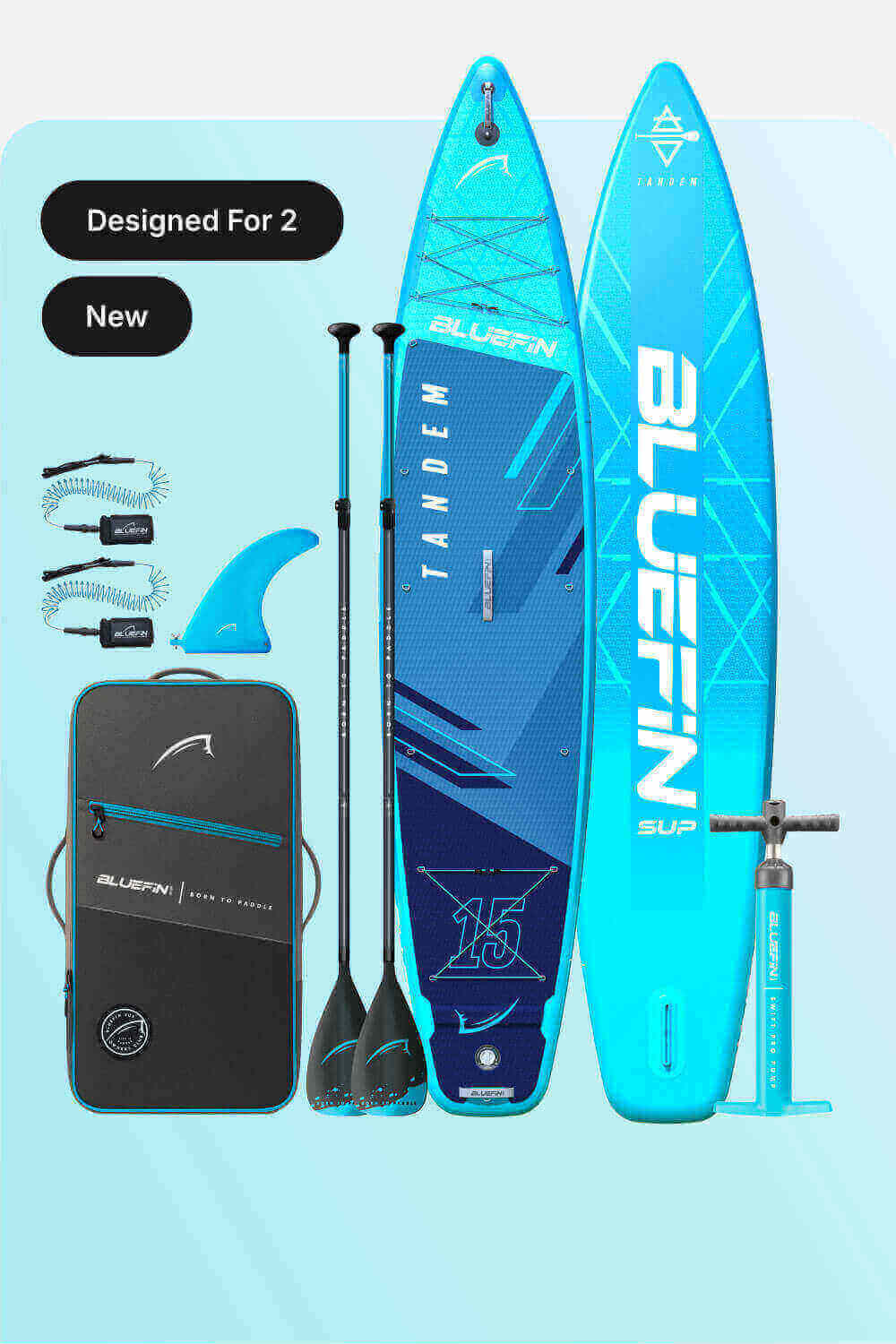 Bluefin SUP tandem paddleboard set, including paddles, pump, fin, and carry bag, designed for two users.