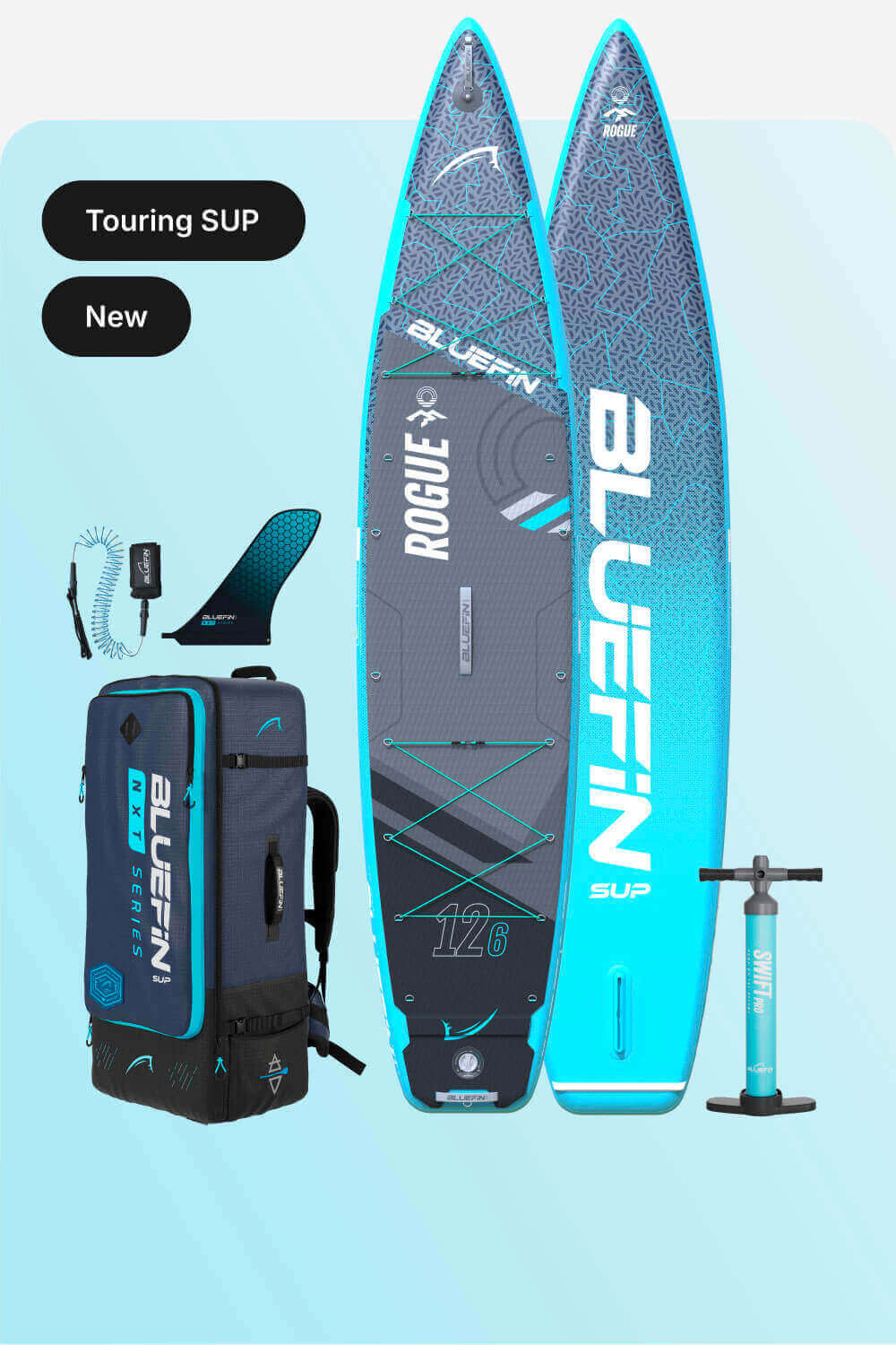 Bluefin SUP Rogue 12'6" touring paddleboard with carrying backpack, pump, and fin. New product showcase.