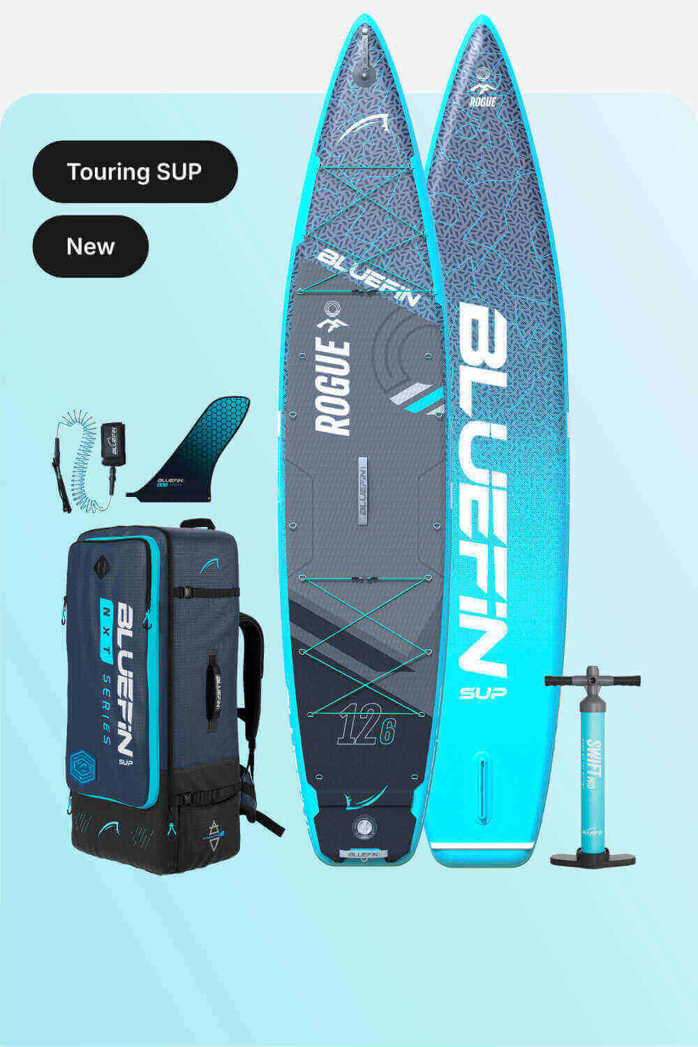 Bluefin SUP Rogue 12'6" touring paddleboard with carrying backpack, pump, and fin. New product showcase.