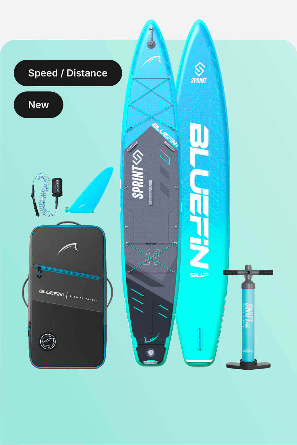 New Bluefin SUP Sprint paddle board with pump, fin, and carrying bag, designed for speed and distance.