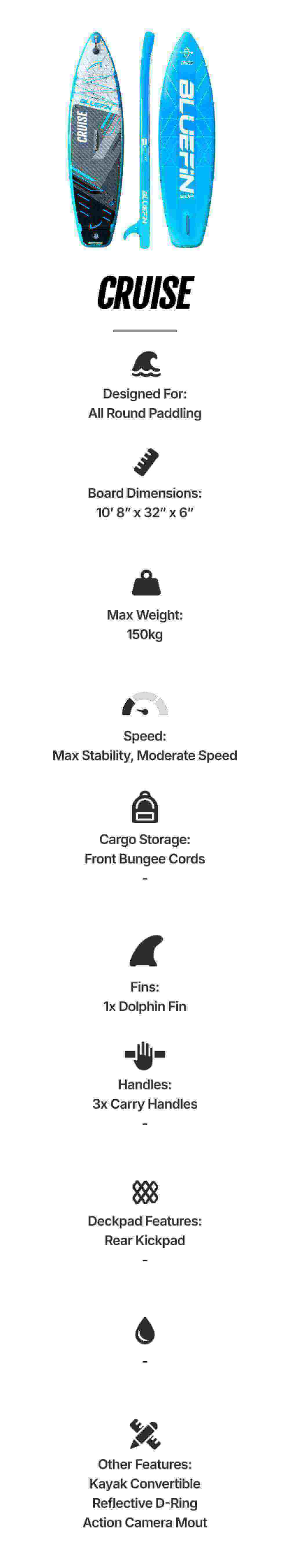 Inflatable paddleboard with blue design, front bungee cords, and dolphin fin for all-round paddling