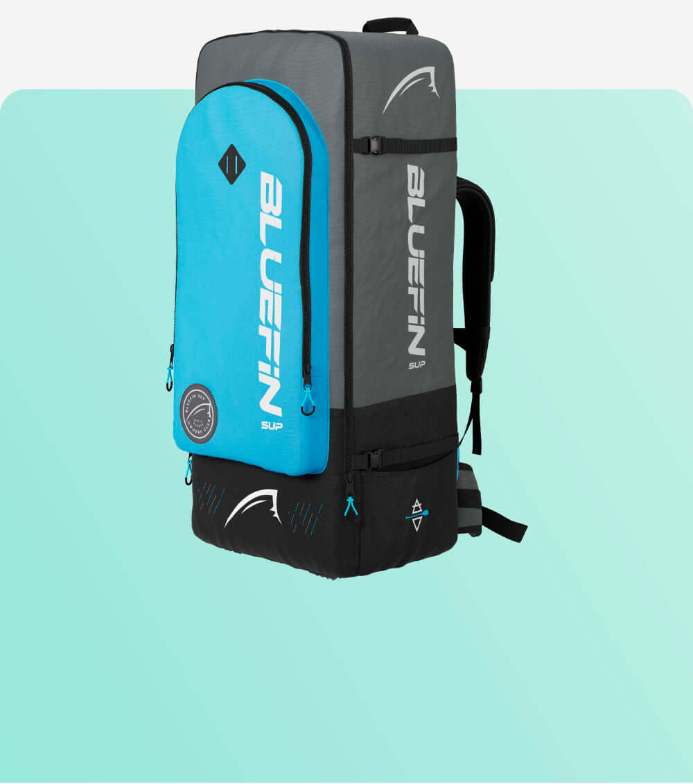 Bluefin SUP backpack in gray and blue, ideal for carrying paddleboard gear.