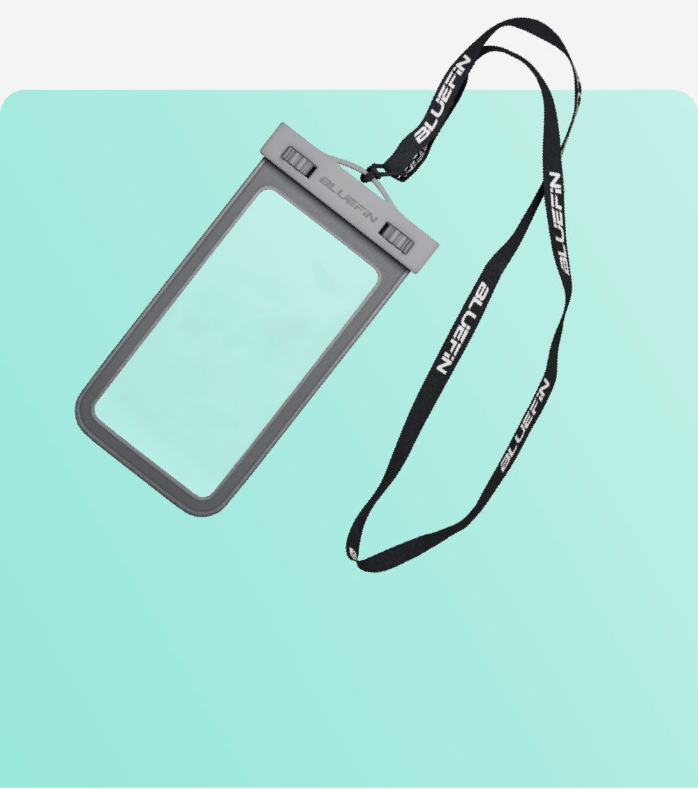 Bluefin waterproof phone case on a light green background
