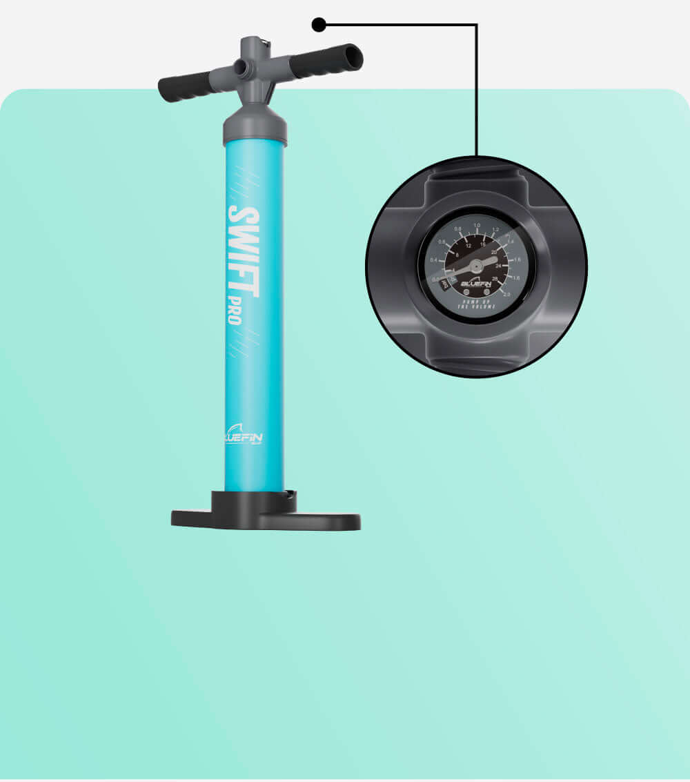 Bluefin SUP Swift Pro pump with gauge on a light blue background. Ideal for inflating paddleboards.