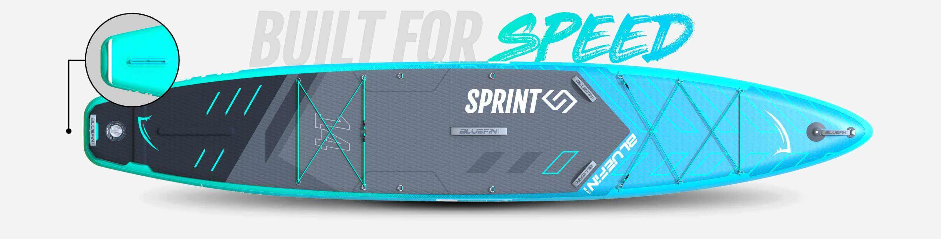 Blue and grey sprint stand-up paddleboard with 'Built for Speed' text in the background