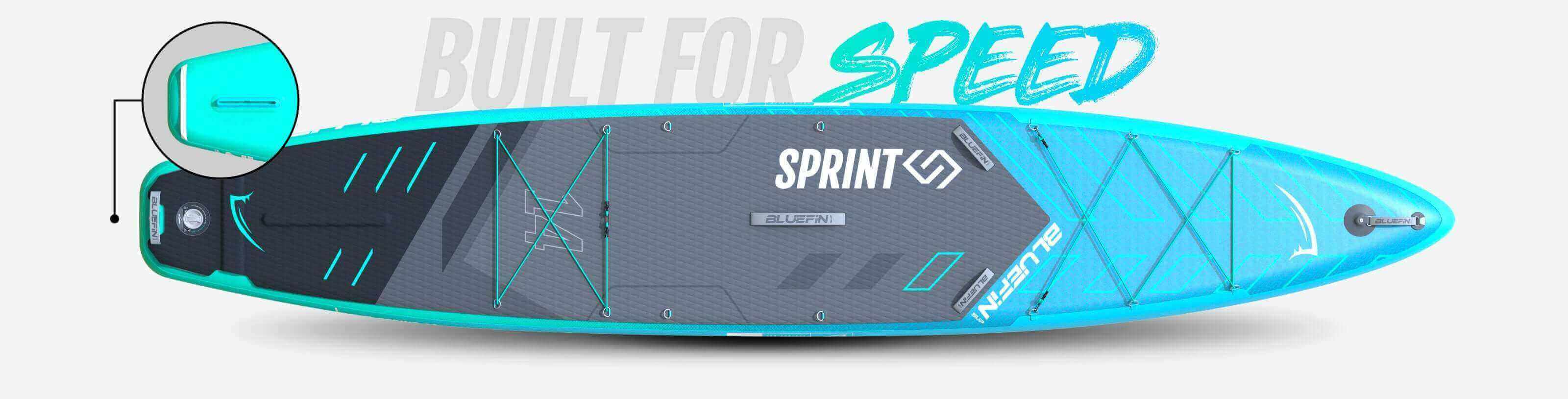 Blue and grey sprint stand-up paddleboard with 'Built for Speed' text in the background