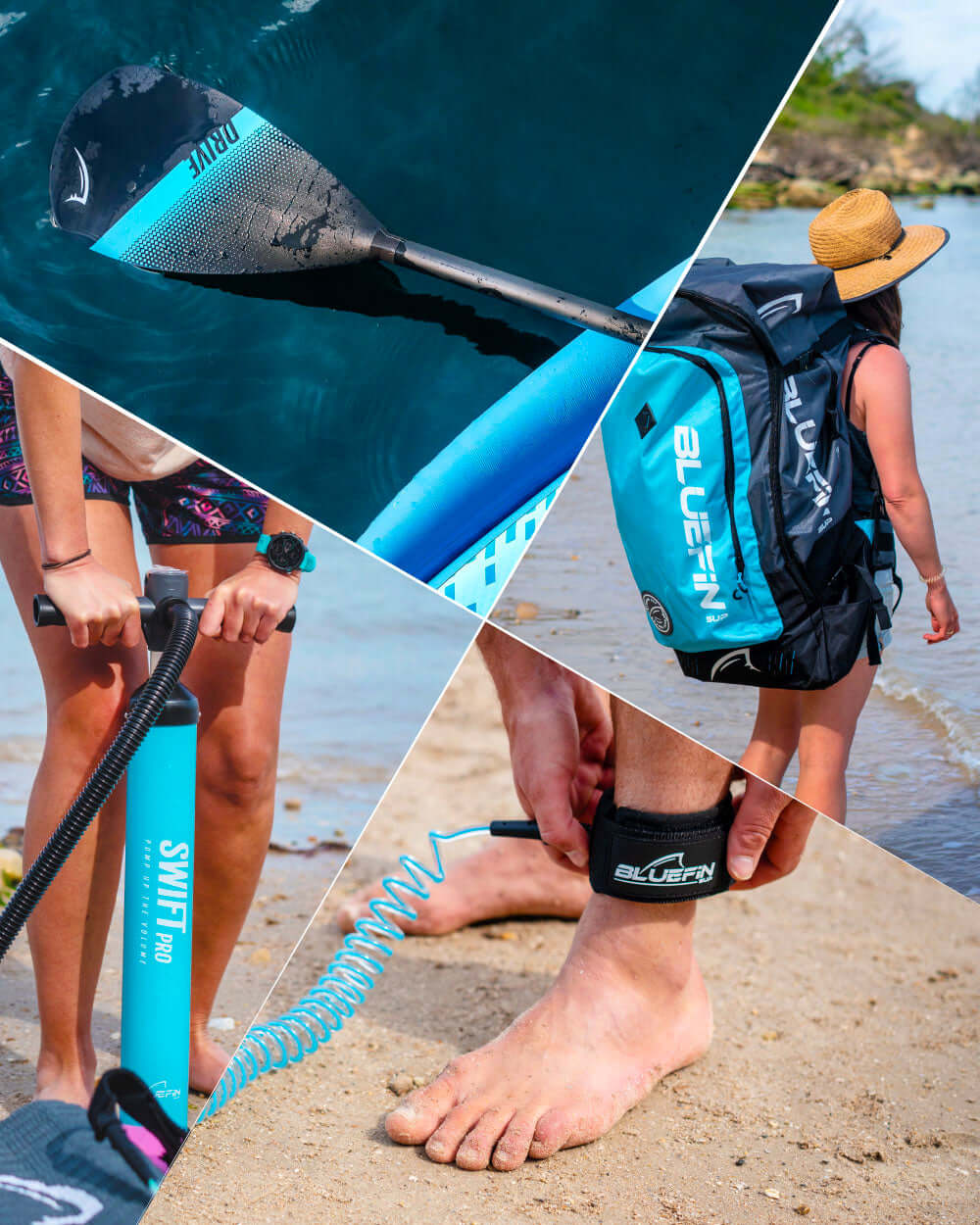 Collage of a paddle, bag, pump and ankle leash