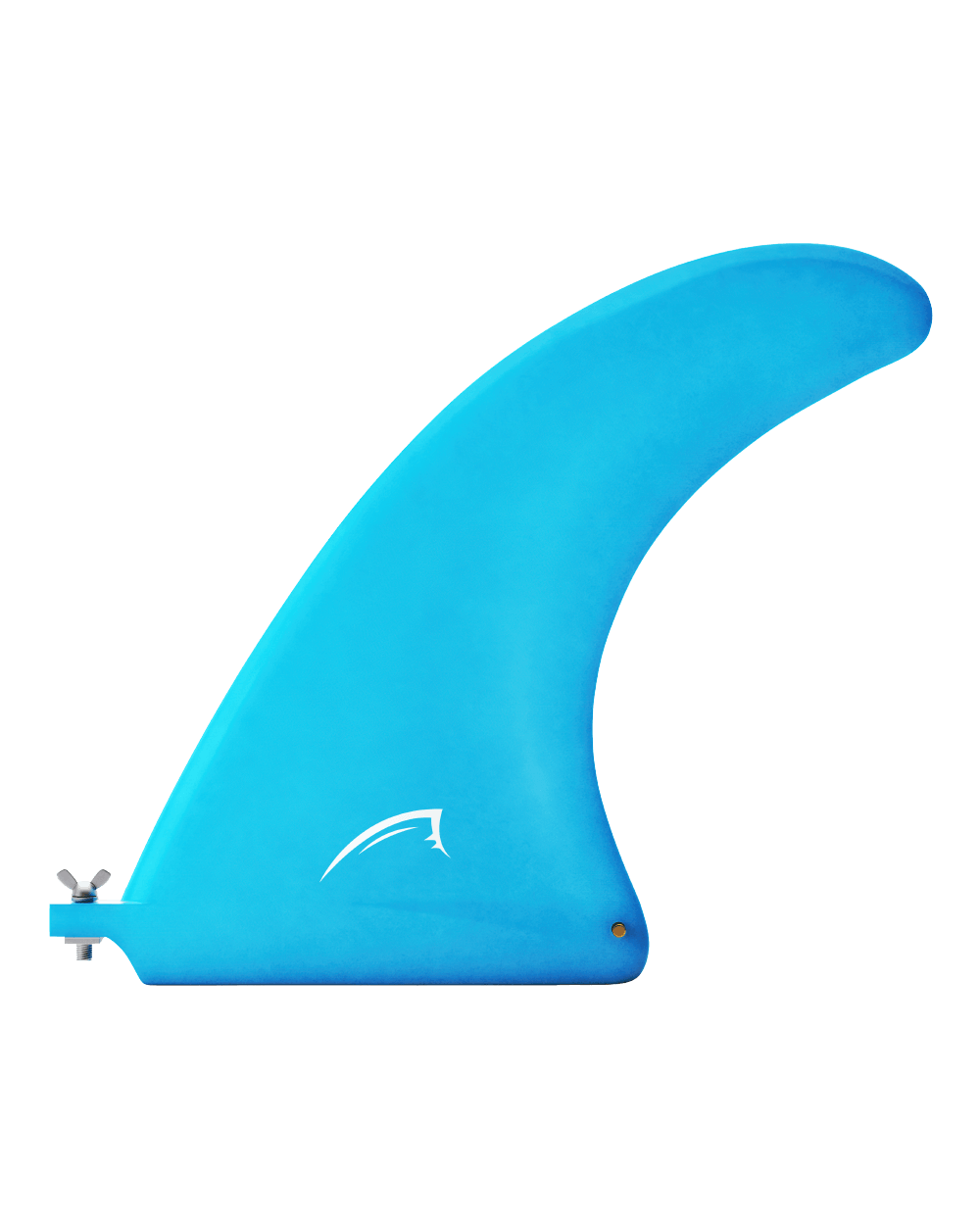Blue SUP fin with a sleek design and logo, ideal for paddleboarding performance.