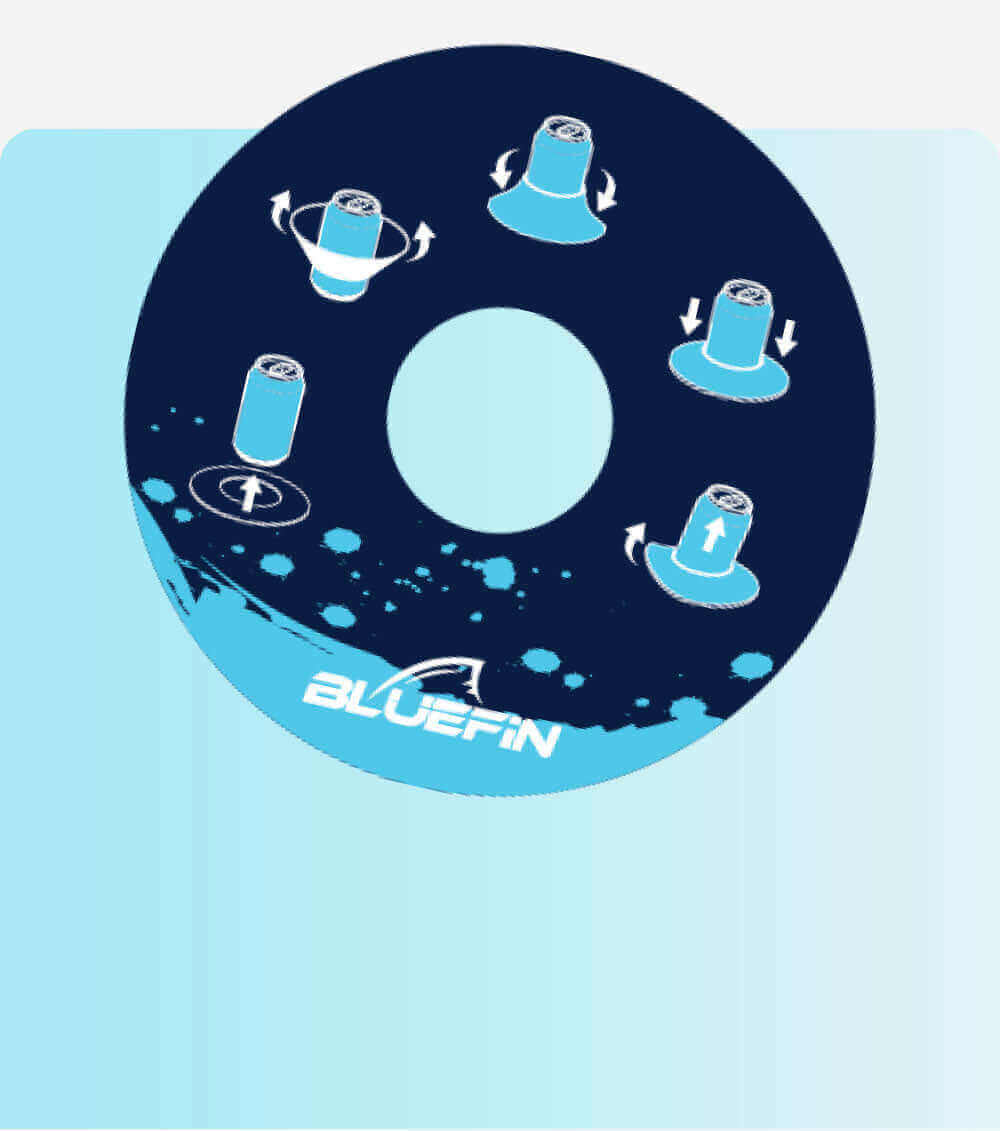 Graphic illustrating Bluefin SUP features with rotation and adjustment symbols on a circular background.