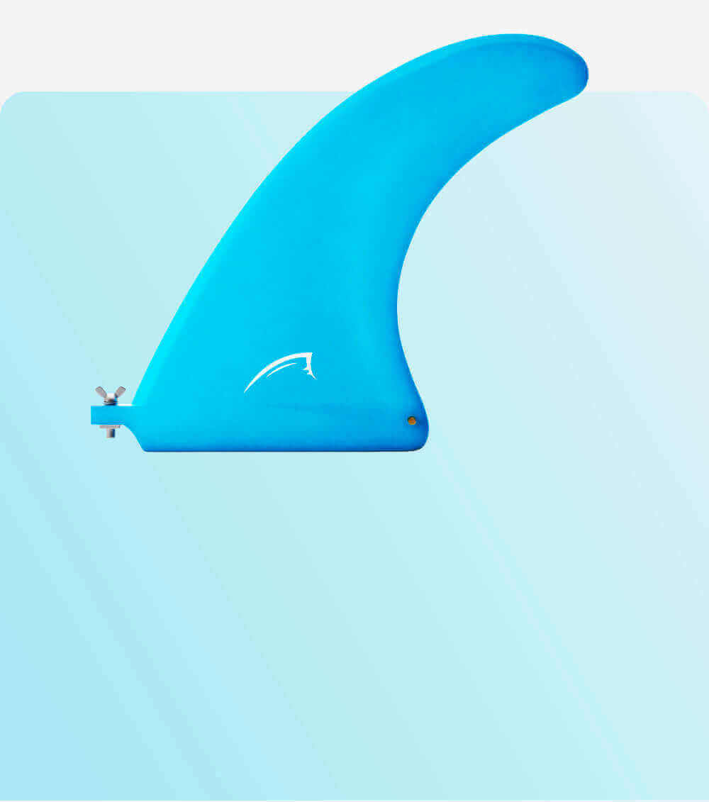 Blue paddle board fin against a light blue gradient background, showcasing its sleek design.
