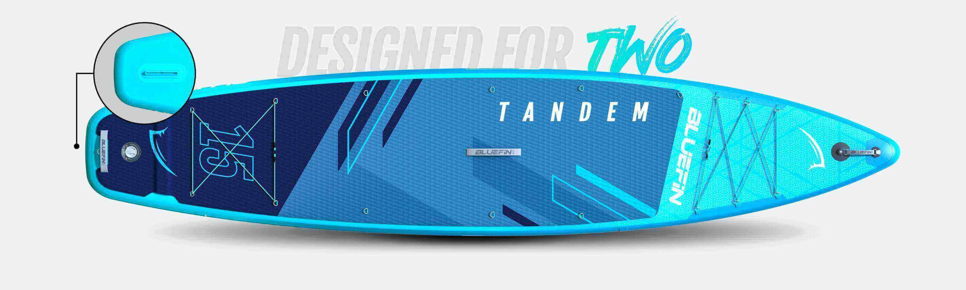 Tandem Bluefin SUP designed for two, featuring a vibrant blue and teal color scheme.