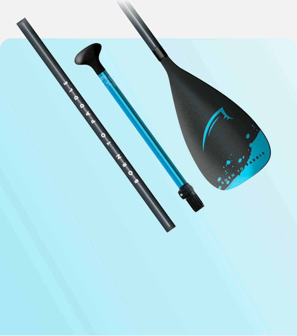 Image of a paddle featuring a black blade with blue accents and a carbon shaft, showcasing "Born to Paddle" text.