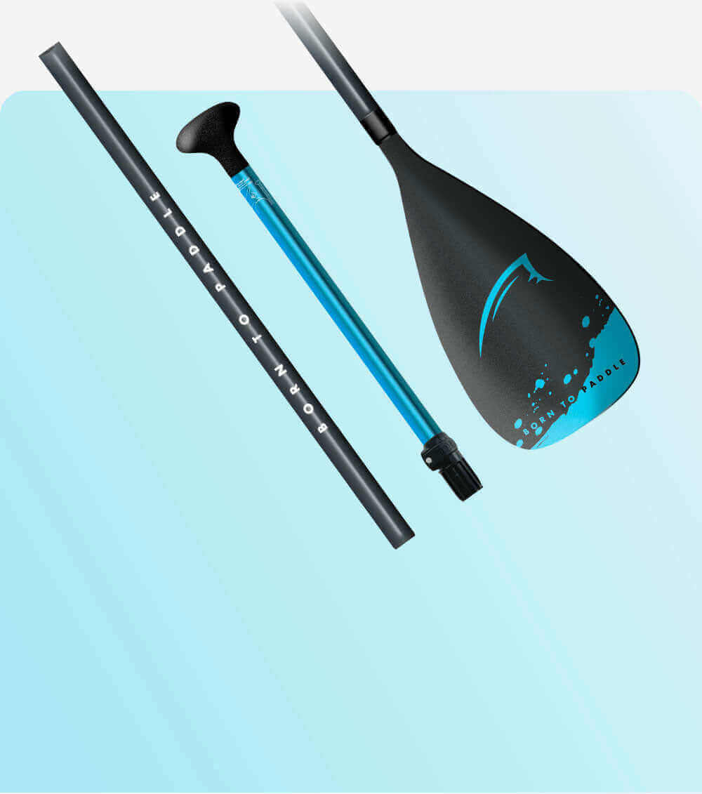 Image of a paddle featuring a black blade with blue accents and a carbon shaft, showcasing "Born to Paddle" text.