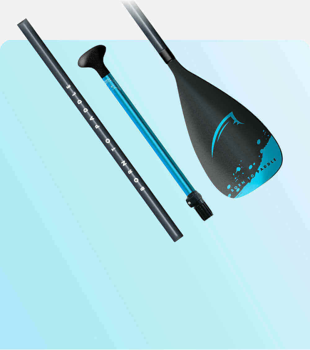 Image of a paddle featuring a black blade with blue accents and a carbon shaft, showcasing "Born to Paddle" text.