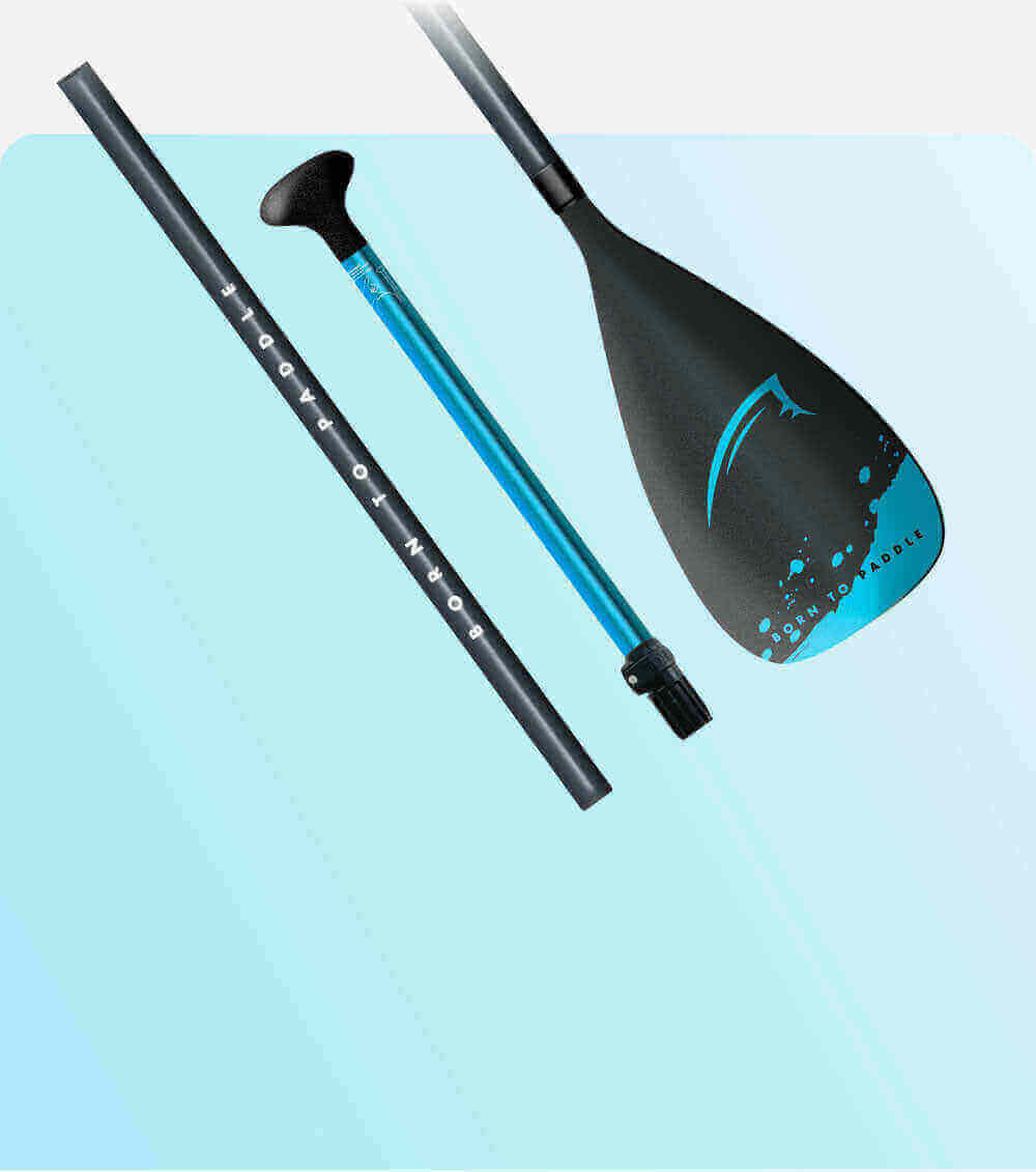 Image of a paddle featuring a black blade with blue accents and a carbon shaft, showcasing "Born to Paddle" text.