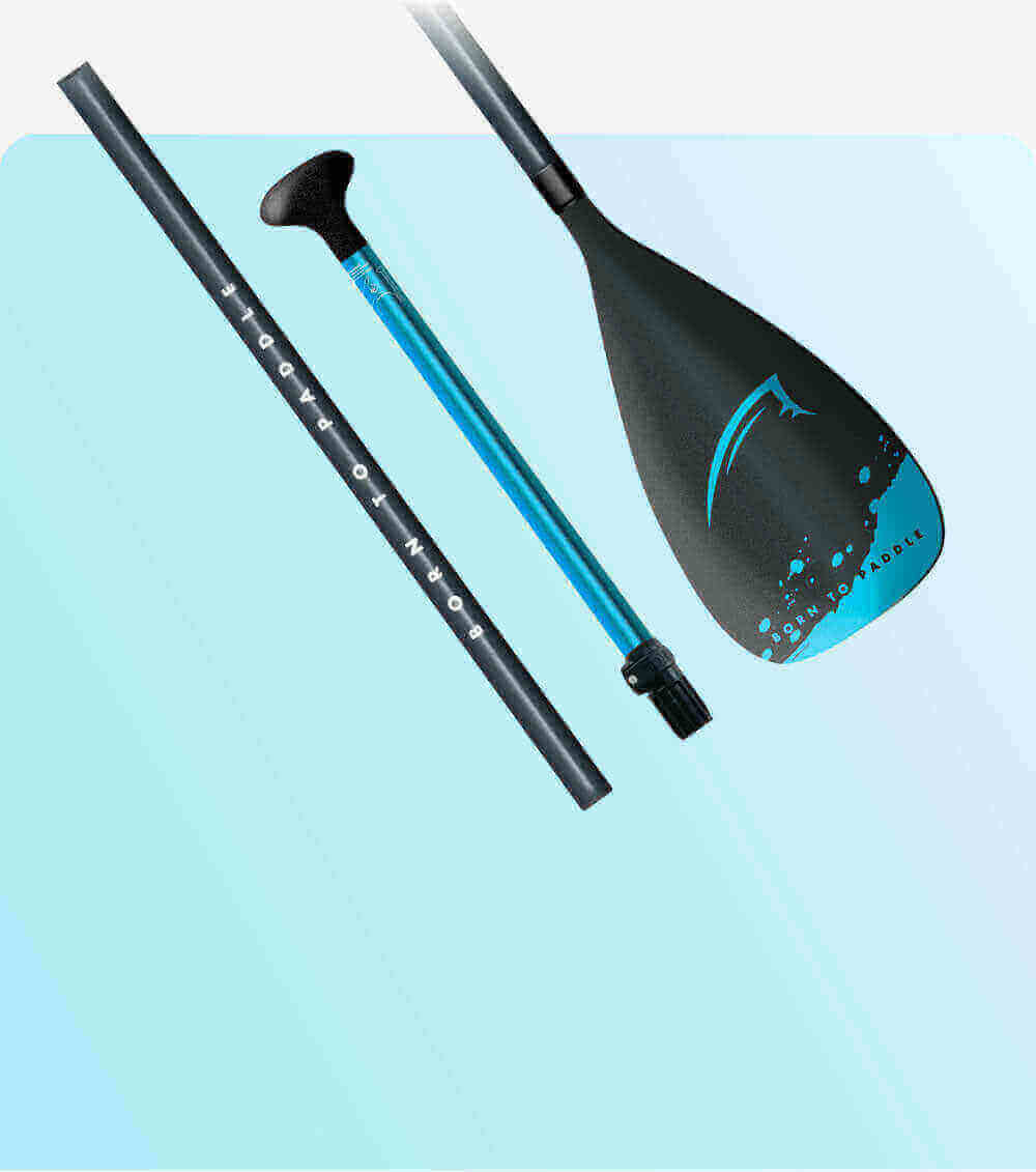 Image of a paddle featuring a black blade with blue accents and a carbon shaft, showcasing "Born to Paddle" text.