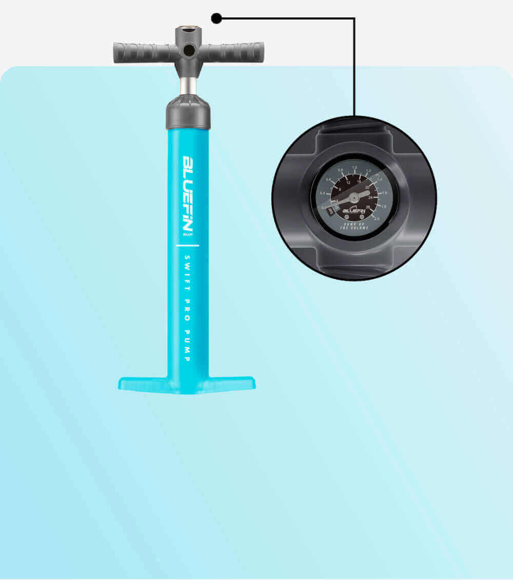 Bluefin SUP Swift Pro Pump with pressure gauge, featuring a bright turquoise design and ergonomic handle.