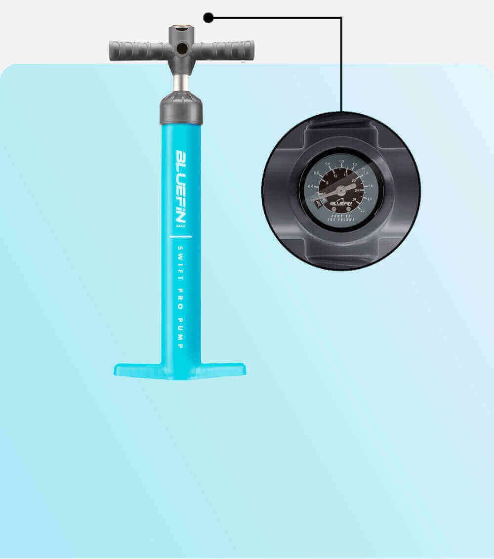 Bluefin SUP Swift Pro Pump with pressure gauge, featuring a bright turquoise design and ergonomic handle.