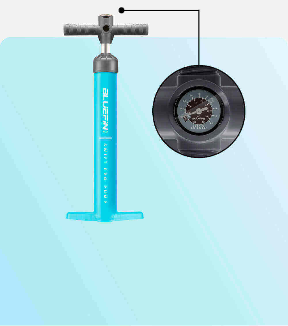 Bluefin SUP Swift Pro Pump with pressure gauge, featuring a bright turquoise design and ergonomic handle.