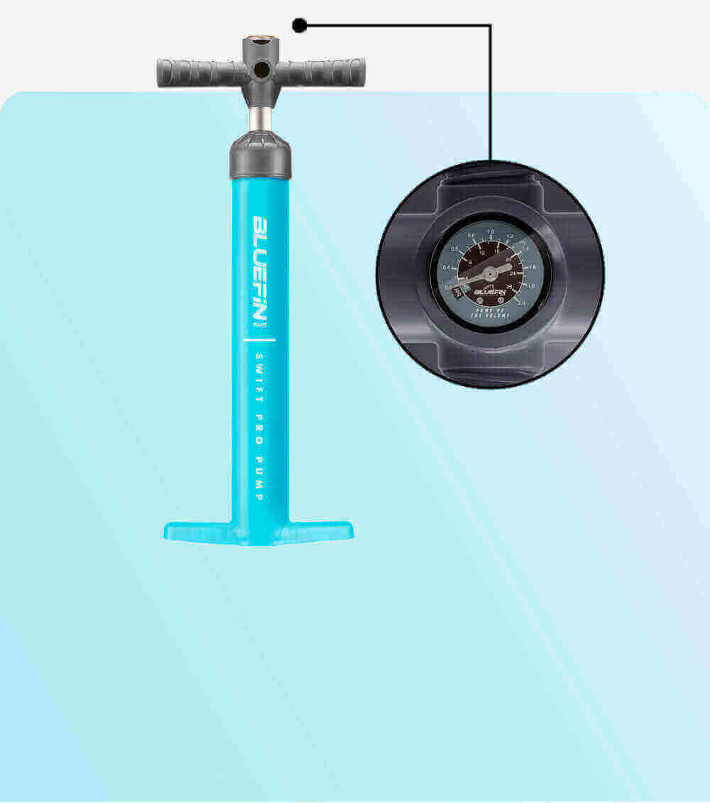 Bluefin SUP Swift Pro Pump with pressure gauge, featuring a bright turquoise design and ergonomic handle.