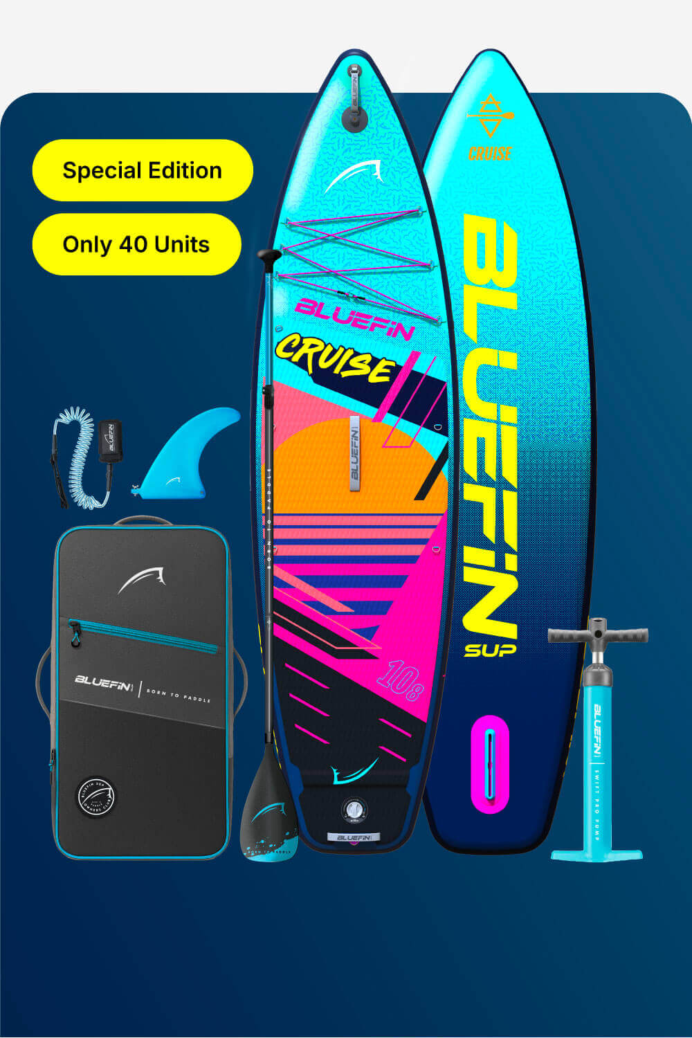 Special Edition Bluefin SUP Cruise paddleboard package with pump, paddle, and accessories. Limited to 40 units.