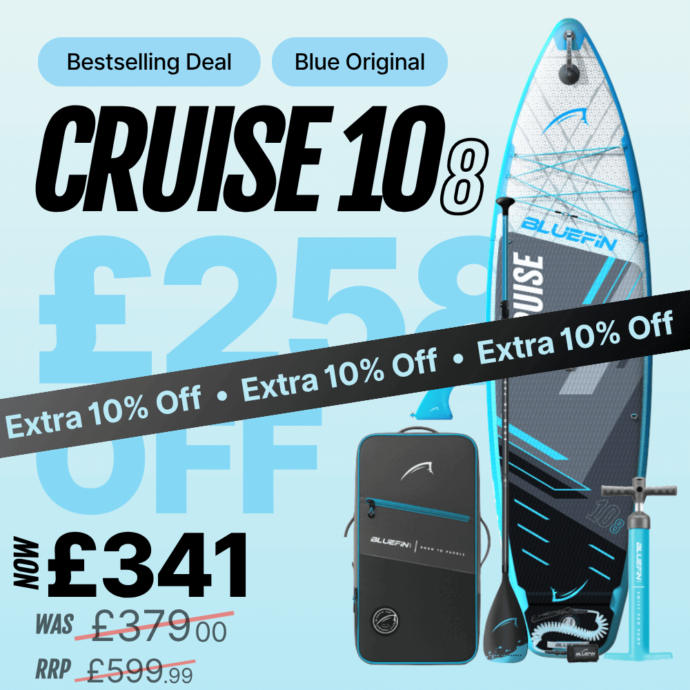 Inflatable paddleboard with blue and black design, carrying bag, paddle, and pump displayed.