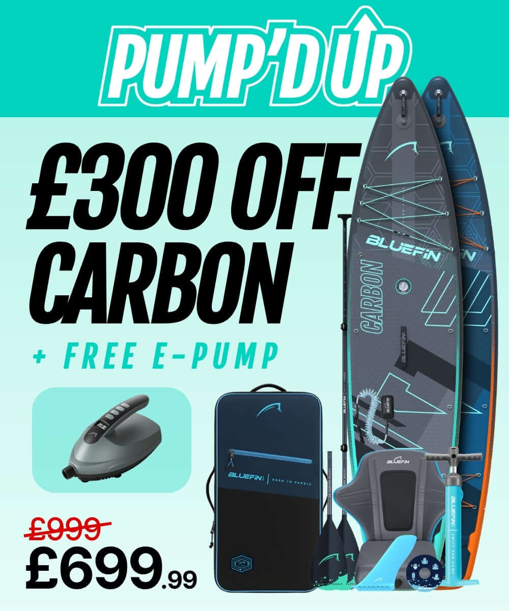 Two Bluefin Carbon paddleboards with a free e-pump, bag, and accessories, priced at £699.99.