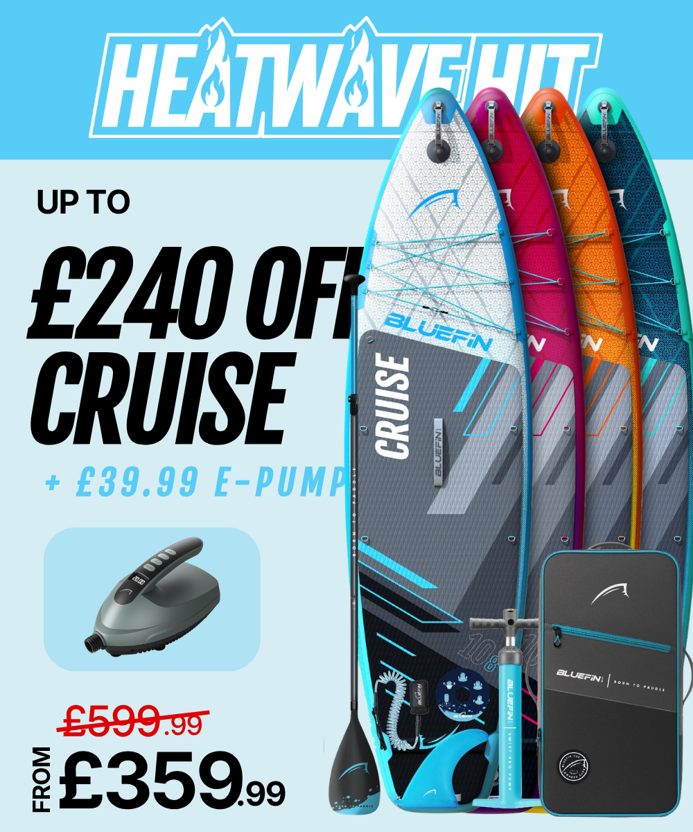 Four inflatable paddleboards in various colors with a pump and paddle, showing price discounts.