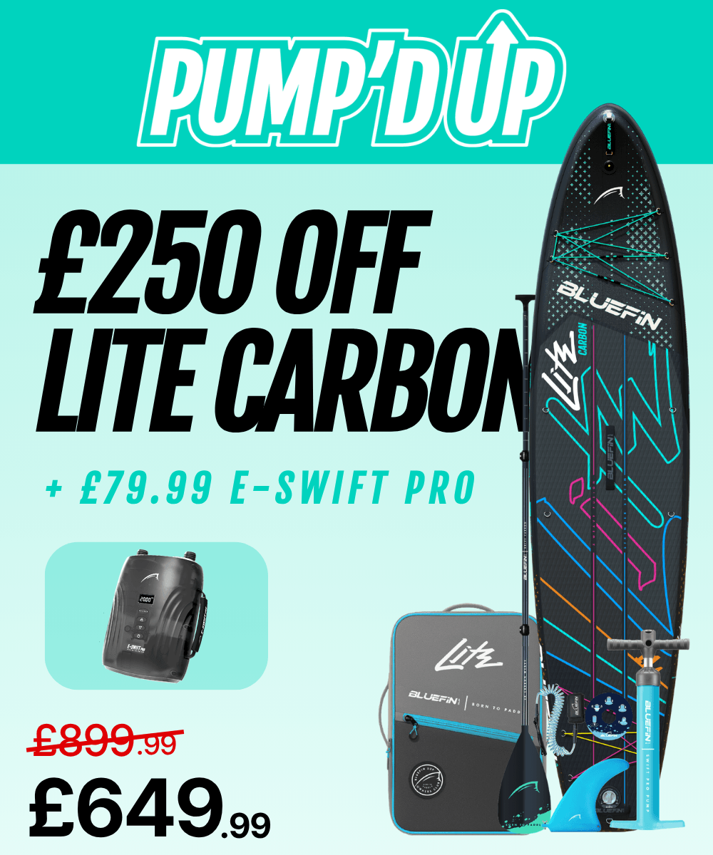 Promotional image for Bluefin's Lite Carbon paddleboard, showcasing pricing and included e-Swift Pro equipment.