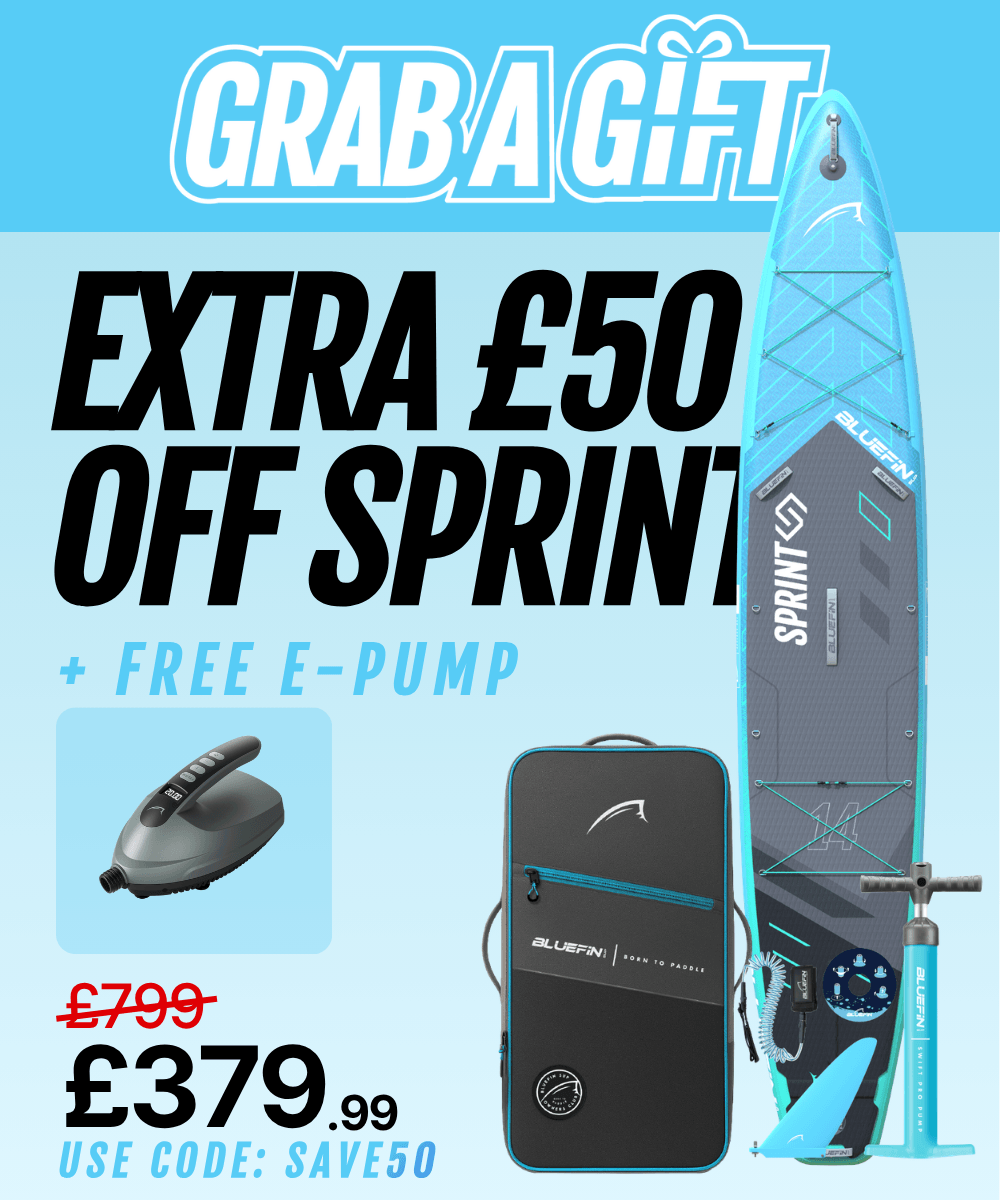 Promotion for Bluefin SUP featuring a paddleboard, an e-pump, and discounted pricing.