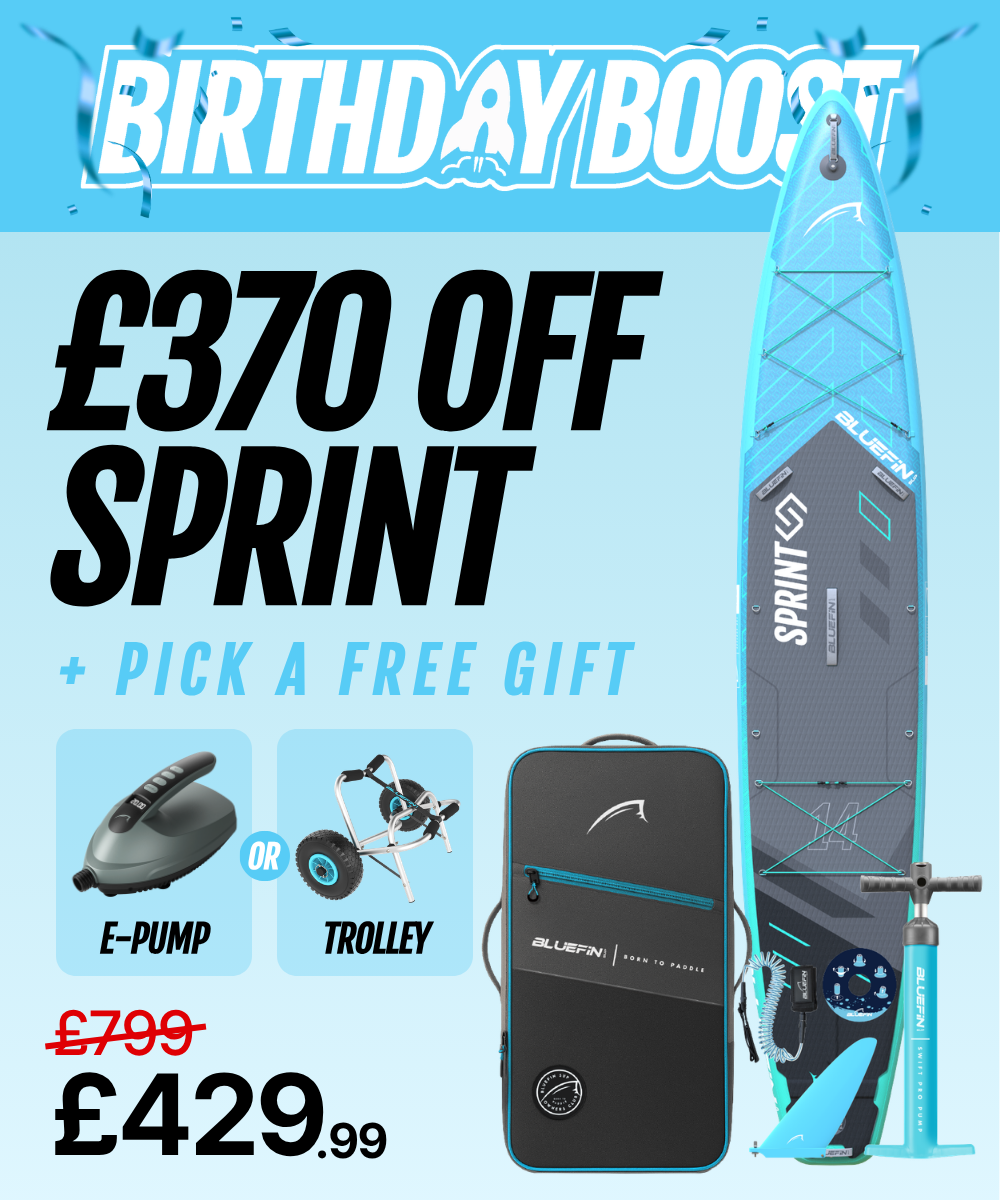 Inflatable paddleboard with blue and gray design, E-pump, trolley, and promotional price details.