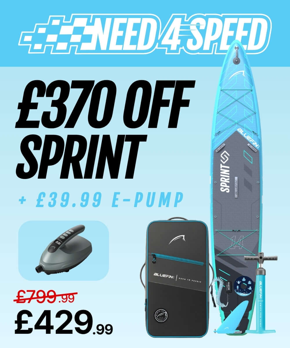 Inflatable paddleboard with blue and gray design, e-pump, and carrying bag, showing price details.