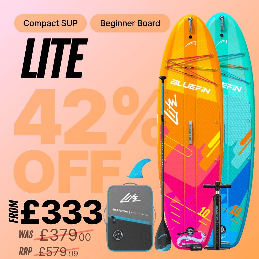 Inflatable paddleboard in orange and teal with paddle, fin, and backpack, showing 42% off sale.