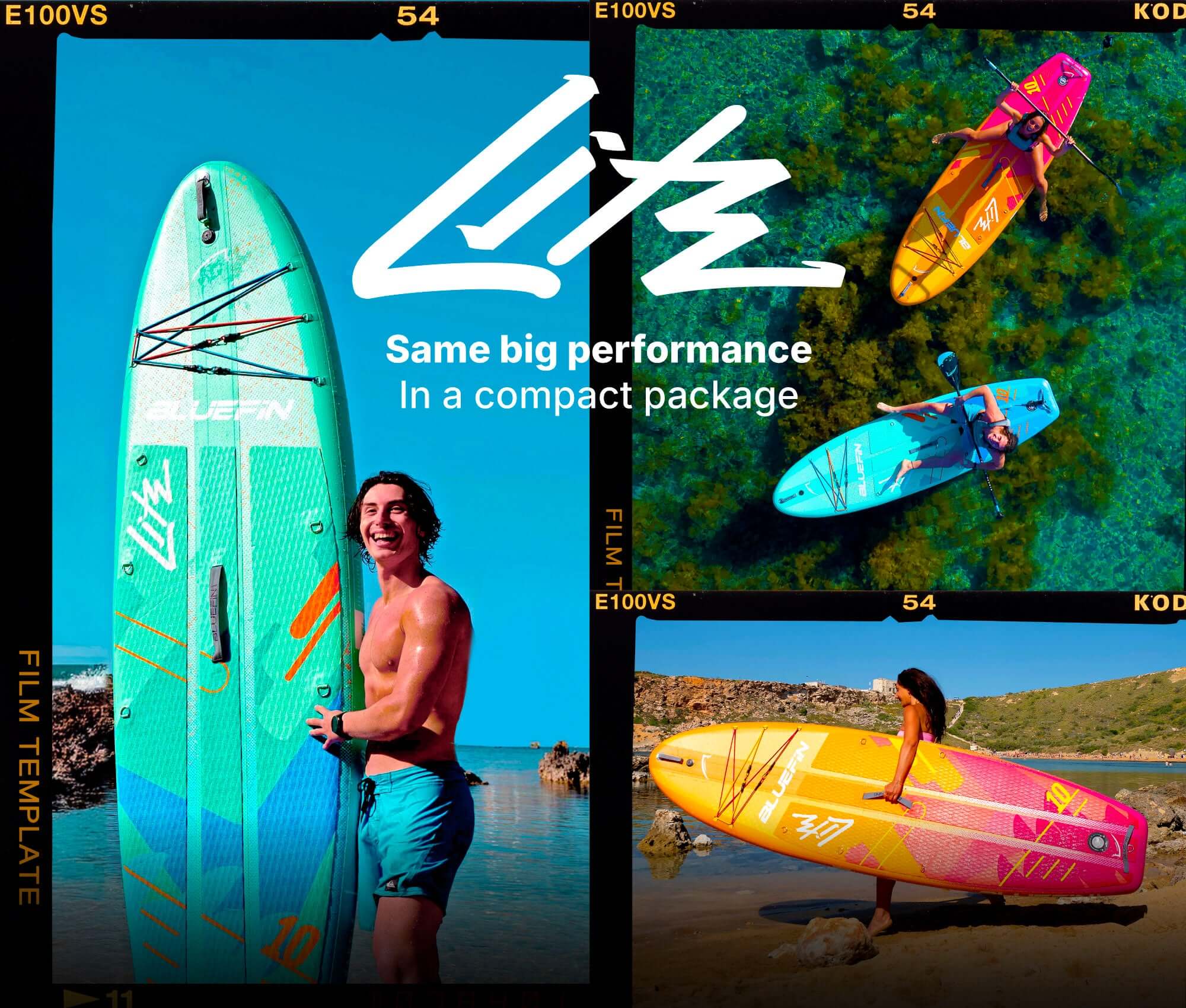 Collation of three images of people next to or on a SUP and having fun on the Bluefin Lite inflatable paddle board