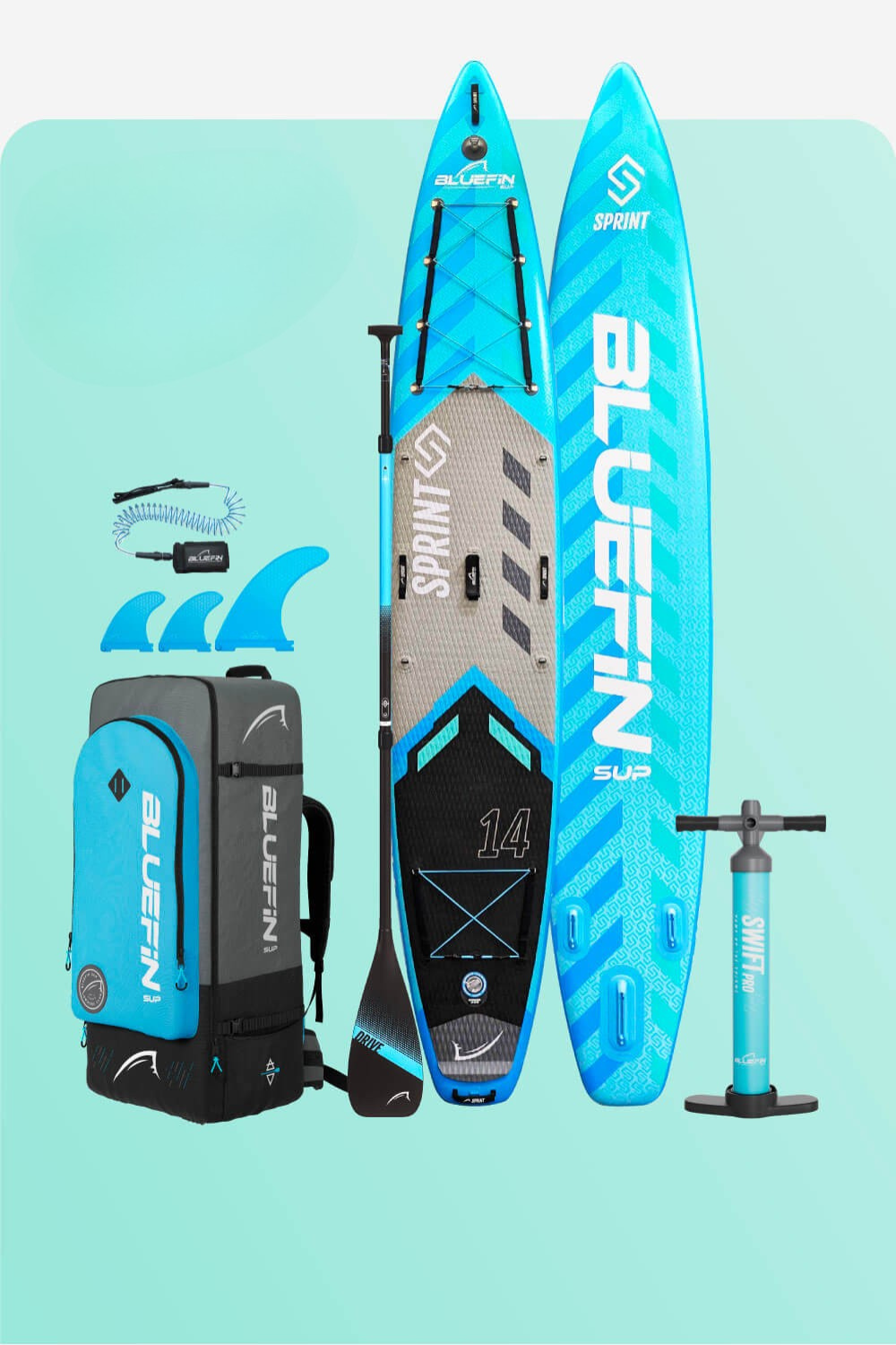 Inflatable paddleboard with blue design, paddle, fins, pump, and backpack for easy transport.