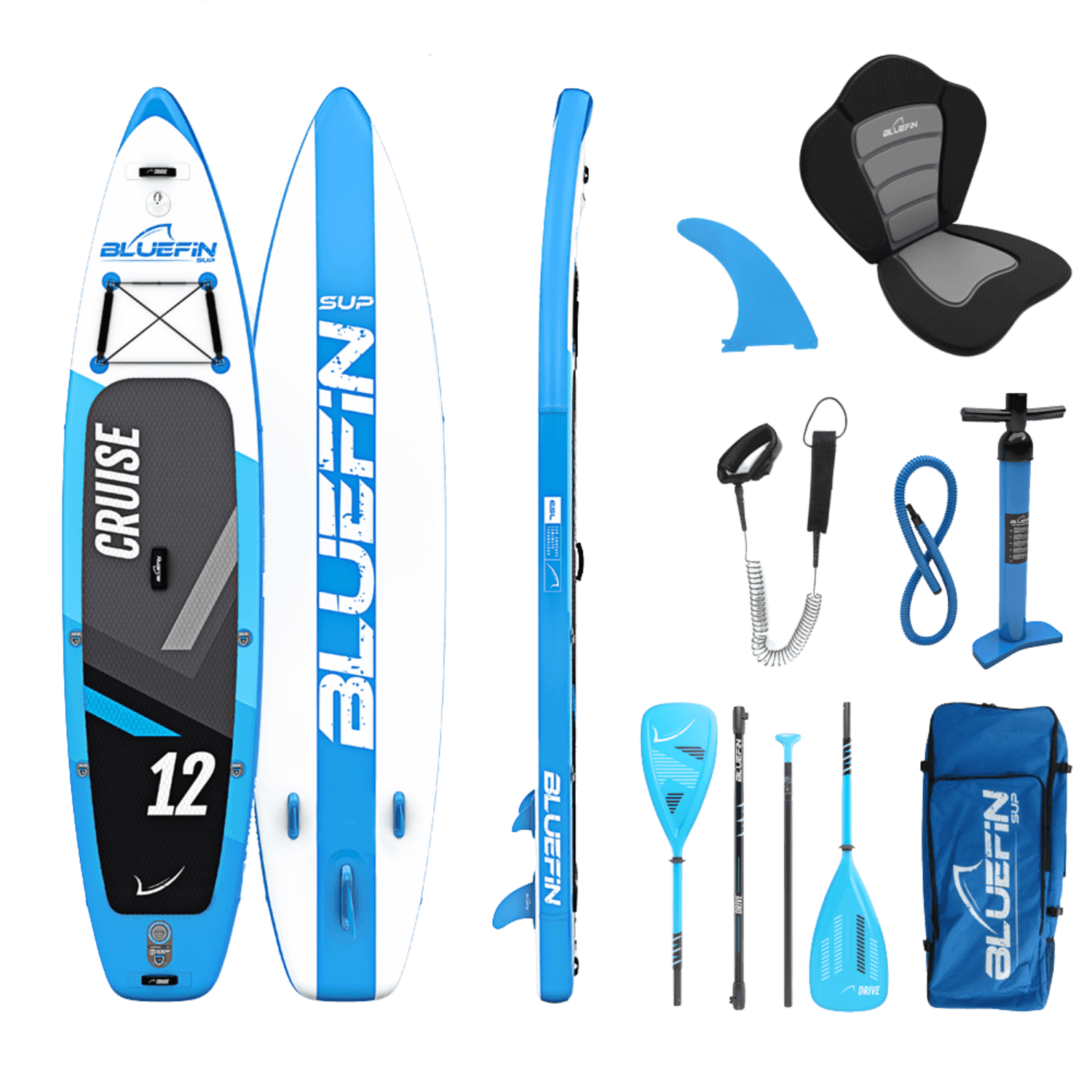 Inflatable paddleboard with blue and white design, paddle, fin, pump, and carry bag included.