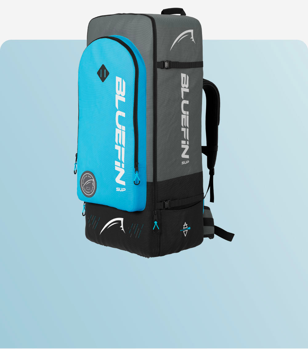 blue and grey sup backpack on a grey background