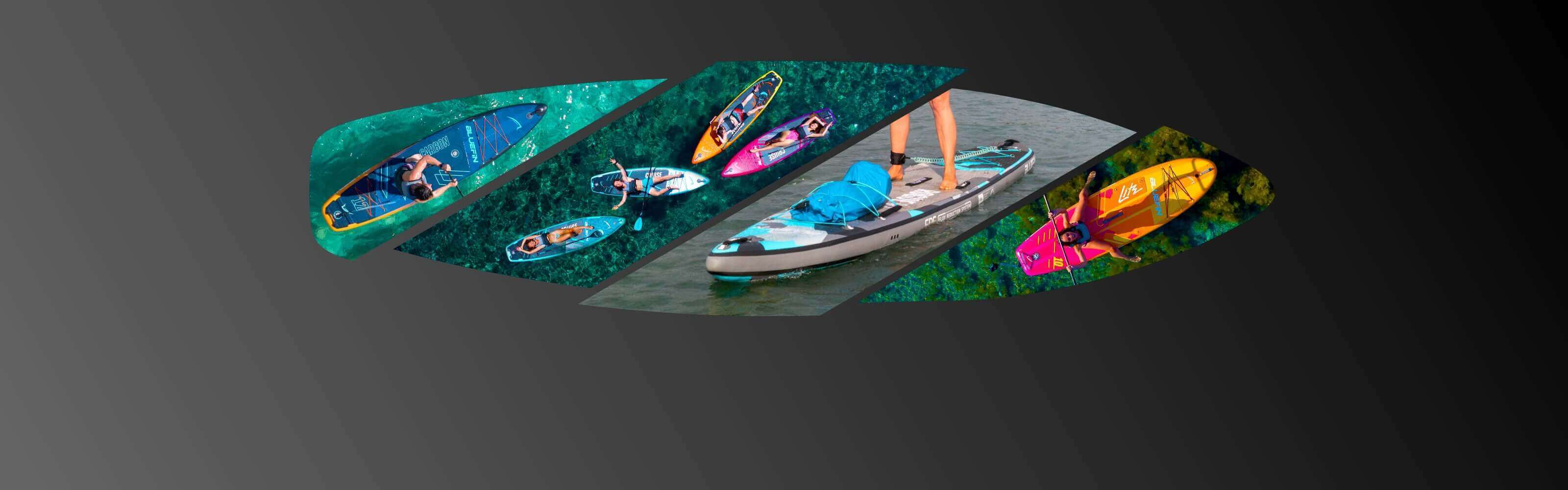 Colorful paddle boards on water, showcasing various designs and users enjoying stand-up paddleboarding.