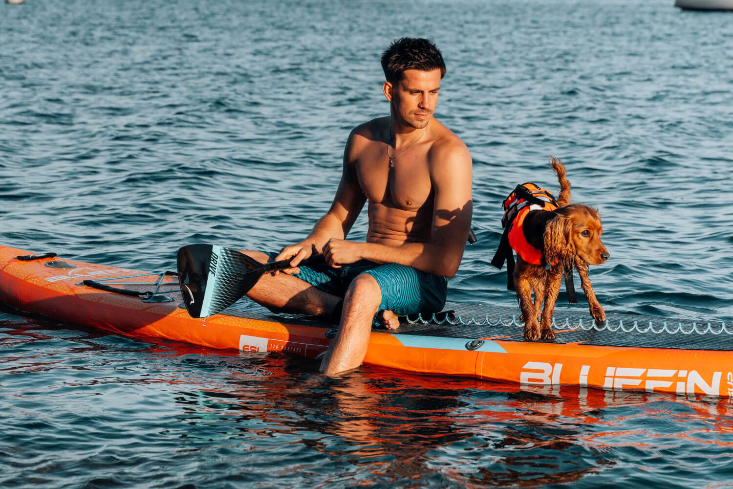 Man on a Bluefin SUP paddleboard with a dog in a life jacket, enjoying time on the water.