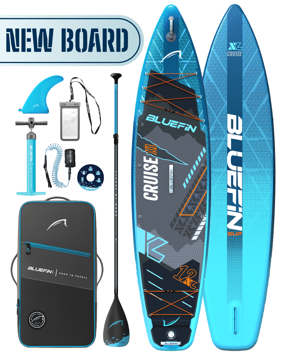 Inflatable paddleboard with blue design, center fin, paddle, pump, and carrying bag included.