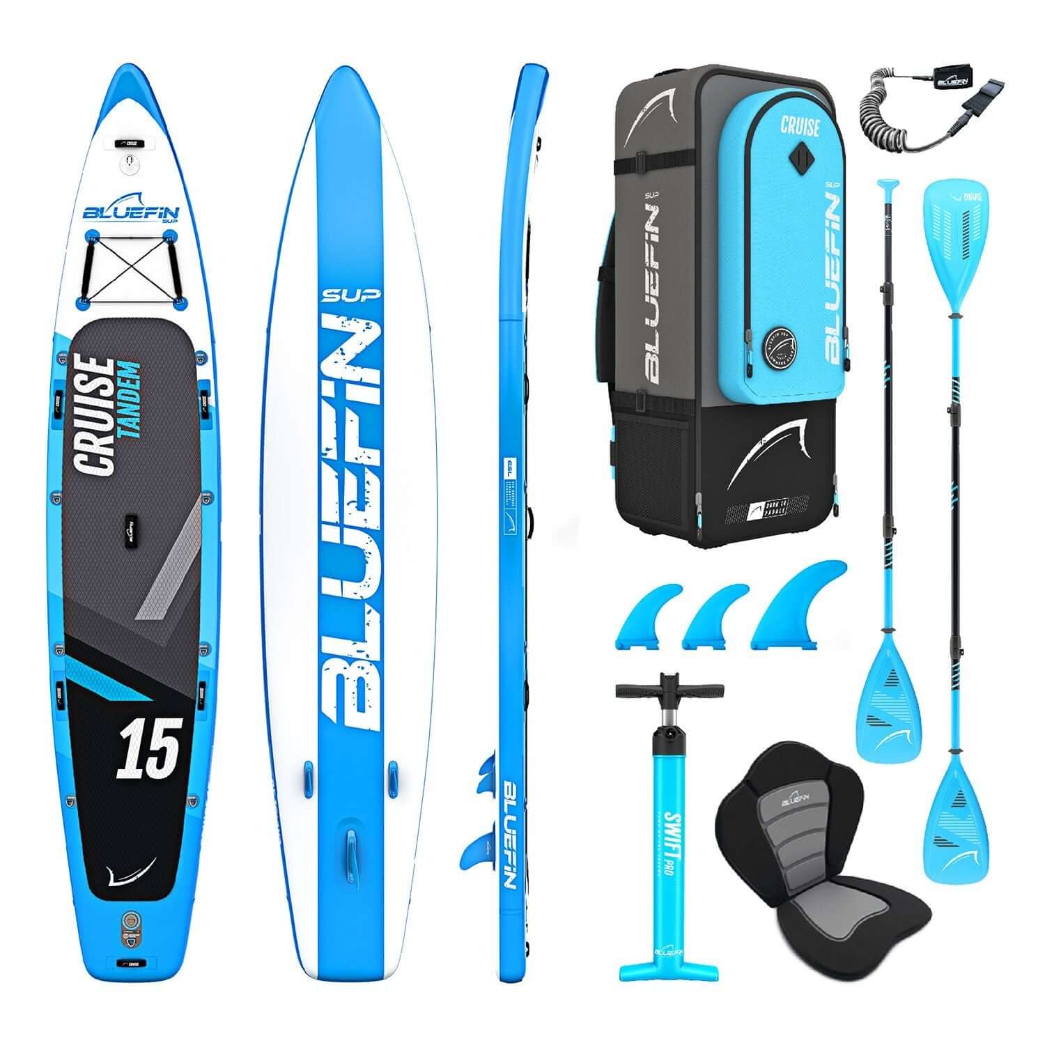 Inflatable paddleboard with blue design, carrying bag, paddle, fins, pump, and seat for tandem use
