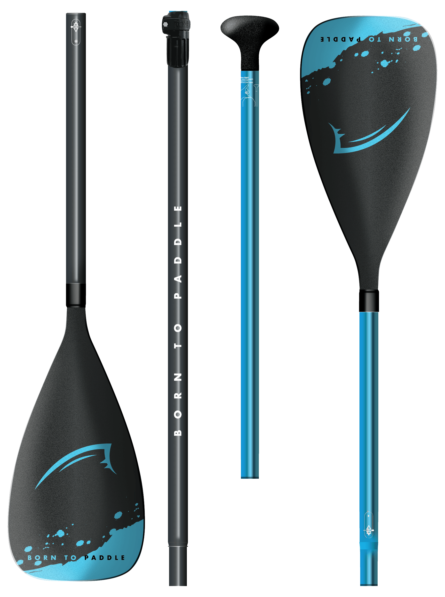Paddle with black and blue design, featuring adjustable shaft and "Born to Paddle" text. Ideal for stand-up paddleboa...