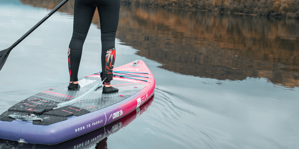 person stood ontop of a paddleboard on a lake