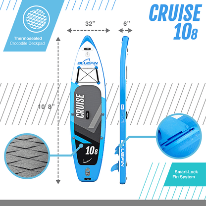 Inflatable paddleboard with textured crocodile deck pad, 10'8" length, and Smart-Lock fin system
